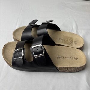 NEW  Jessica Carlyle SIZE 8.5 Black Flat CORK Sole Dbl Buckle Strap Sandal